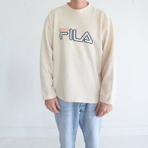 Vintage Fila Cream Embroidered Logo Crew Neck Fleece Sweater Medium